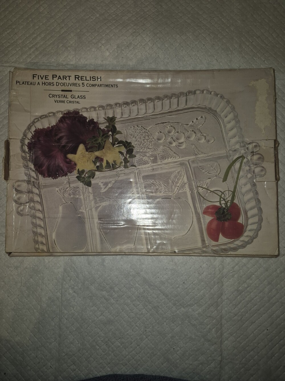 Indiana Glass 5 Part Relish Tray Charcuterie Divided Dish Embossed Fruit Vintage